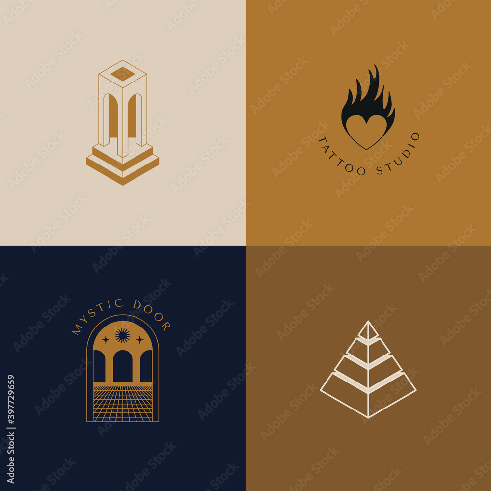 Vector logo design template in simple minimal style, magical and mystical symbols, tattoo signs Vector logo design template in simple minimal style, magical and mystical symbols, tattoo signs