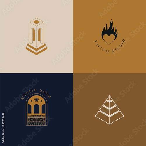 Vector logo design template in simple minimal style, magical and mystical symbols, tattoo signs