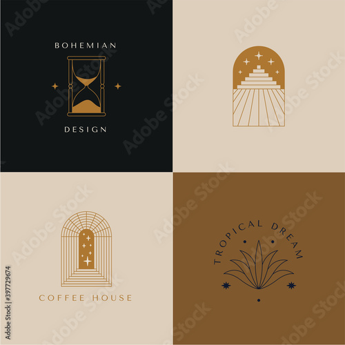 Vector logo design template in simple minimal style, magical and mystical symbols, tattoo signs