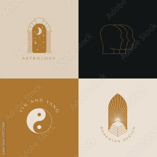 Vector logo design template in simple minimal style, magical and mystical symbols, tattoo signs