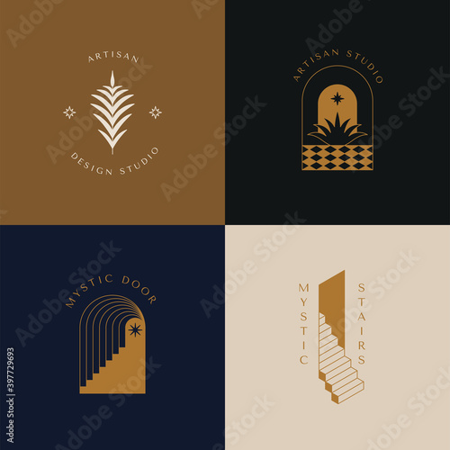 Vector logo design template in simple minimal style, magical and mystical symbols, tattoo signs