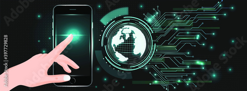 Hand in hand with digital business interfaces Innovation and finance concept Double exposure and the use of social networks in business.