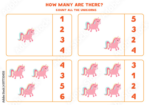 Counting math game with cute cartoon unicorns.