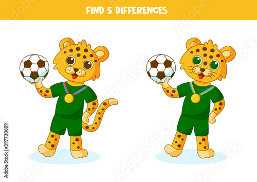Educational logical game for kids. Find 5 differences. Leopard holding ball.