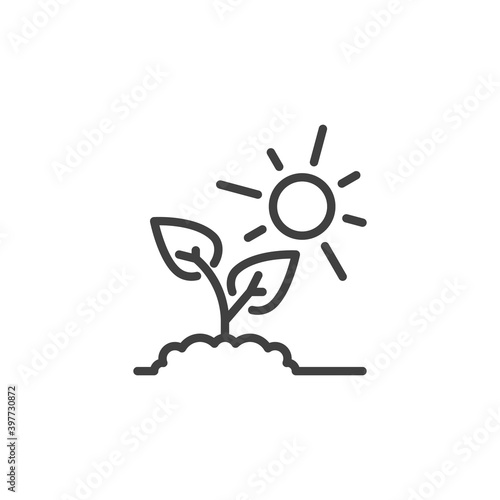 Plant and sun line icon. linear style sign for mobile concept and web design. Growing sprout and sun outline vector icon. Symbol, logo illustration. Vector graphics