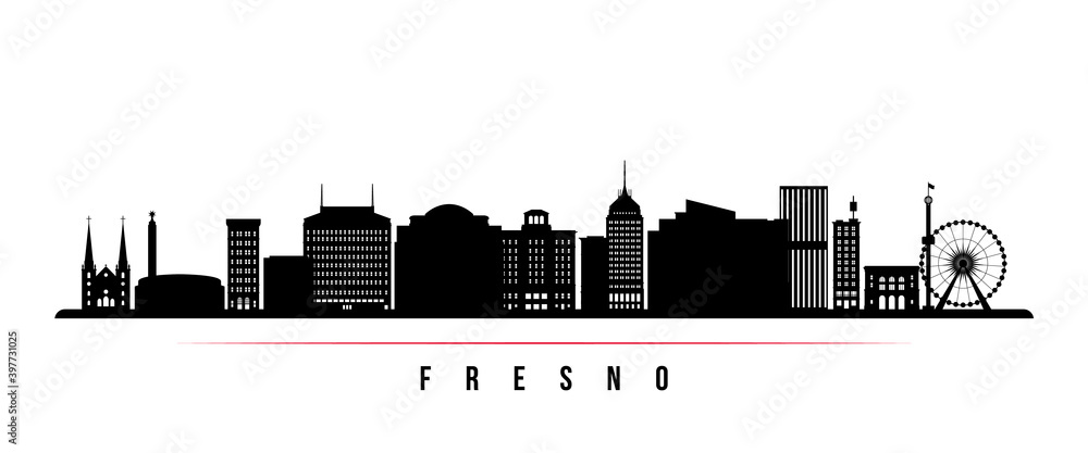 Fresno skyline horizontal banner. Black and white silhouette of Fresno City, California. Vector template for your design.