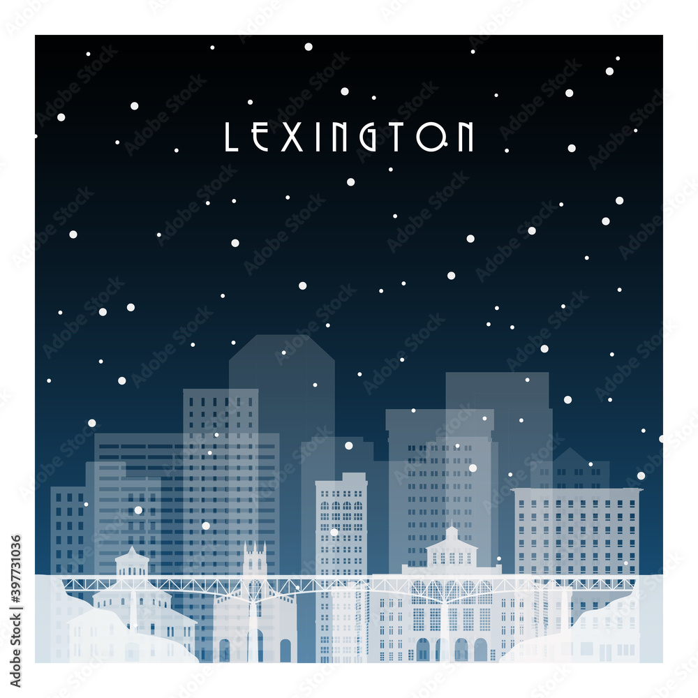 Winter night in Lexington. Night city in flat style for banner, poster, illustration, background.