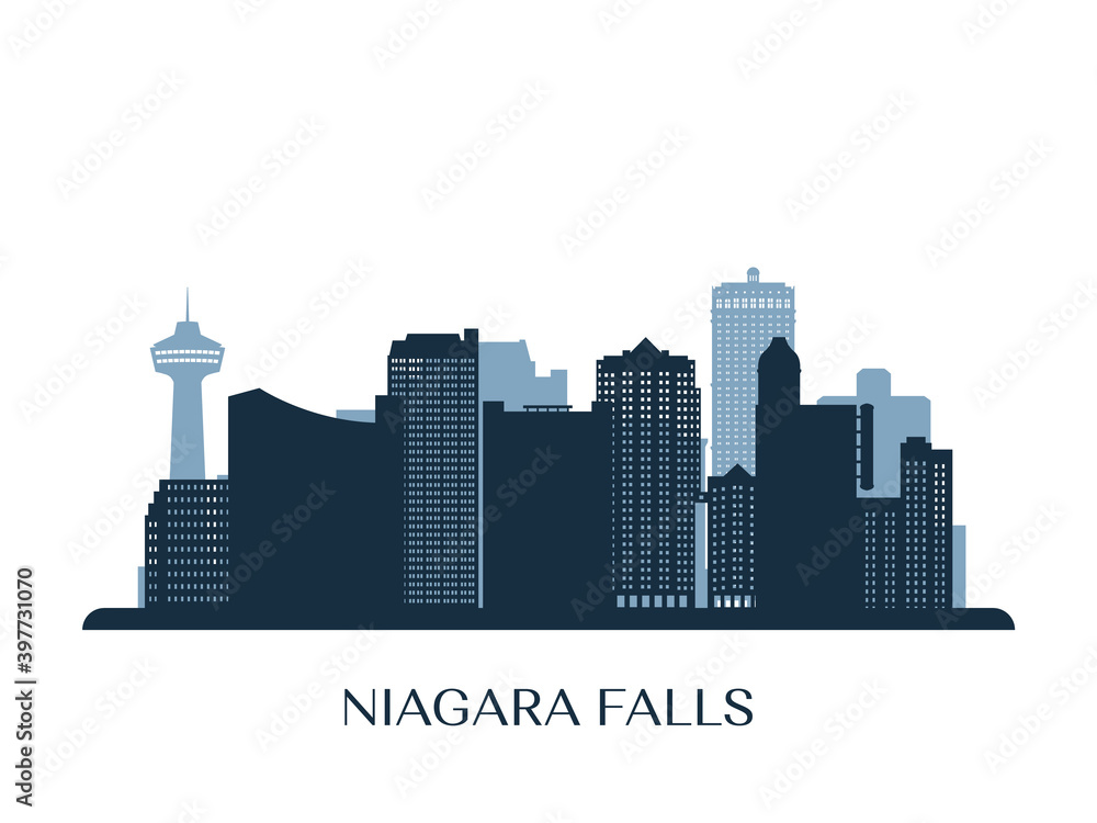 Niagara Falls skyline, monochrome silhouette. Vector illustration.