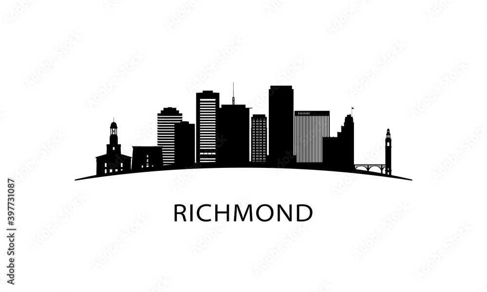 Richmond city skyline. Black cityscape isolated on white background. Vector banner.