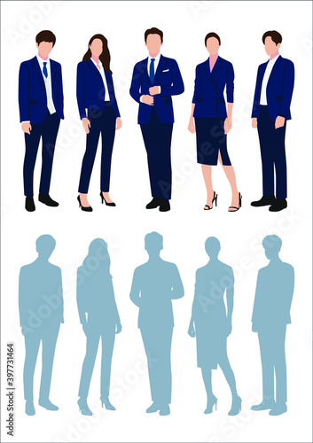 Businessman and women with suits standing in white background, Businessman people, group of men and women, wearing working outfit, shadow