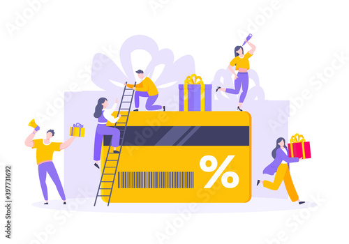 Get loyalty card and customer service business concept flat design vector illustration. Earn loyalty program points and get online reward and gifts. Tiny people with big card and gift box.