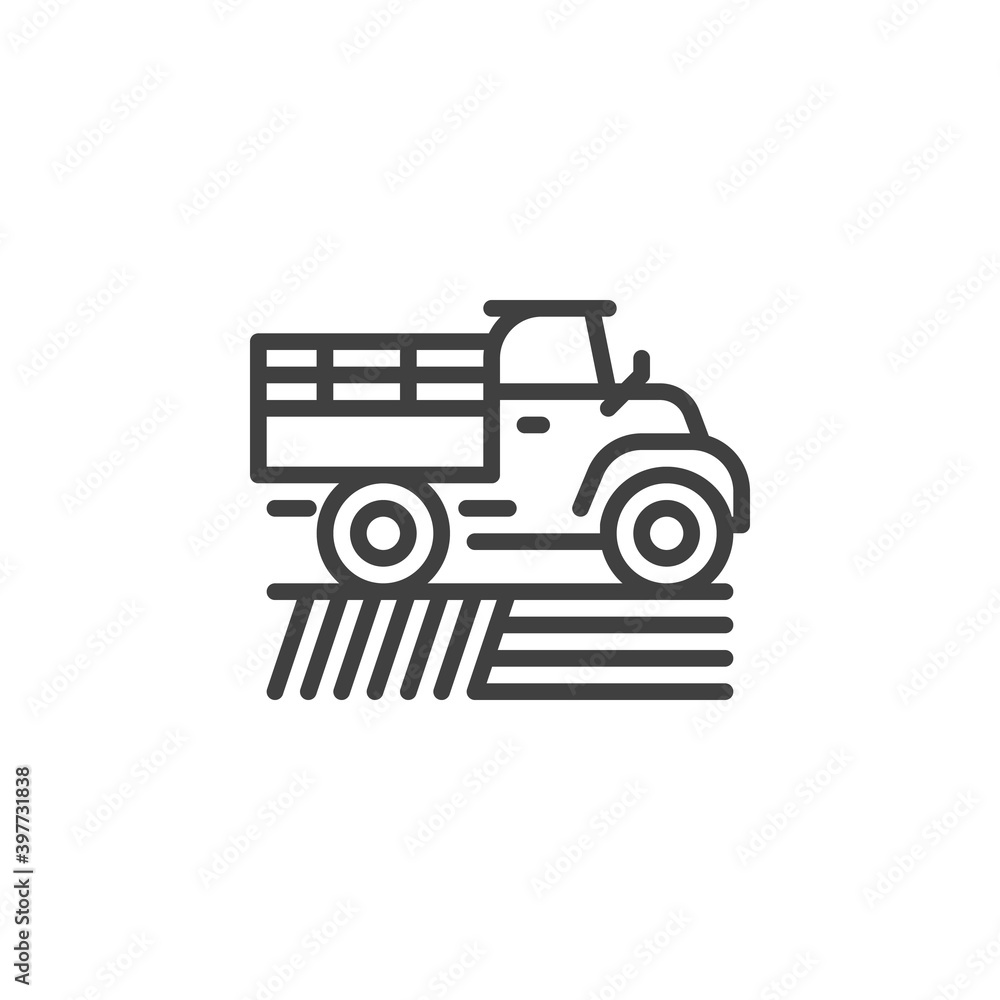 Pickup truck on field line icon. linear style sign for mobile concept and web design. Agricultural pickup truck outline vector icon. Symbol, logo illustration. Vector graphics