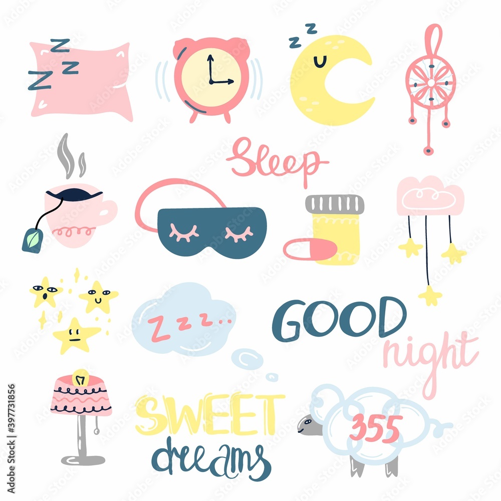 Sleep and insomnia doodle set. Cute emblems in pastel colors pillow, moon and stars, eyemask and alarm with hand drawn lettering phrase, bedtime stickers and print vector cartoon collection Sleep and insomnia doodle set. Cute emblems in pastel colors pillow, moon and stars, eyemask and alarm with hand drawn lettering phrase, bedtime stickers and print vector cartoon collection
