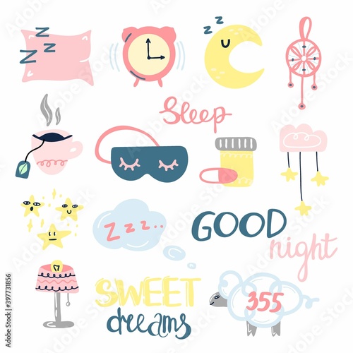 Sleep and insomnia doodle set. Cute emblems in pastel colors pillow, moon and stars, eyemask and alarm with hand drawn lettering phrase, bedtime stickers and print vector cartoon collection