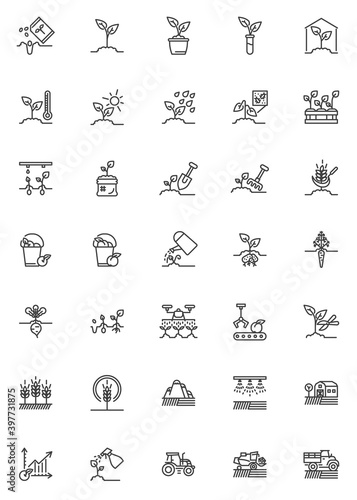 Farming agriculture line icons set. linear style symbols collection, outline signs pack. vector graphics. Set includes icons as combine harvester tractor, field irrigation sprinkler, plant watering