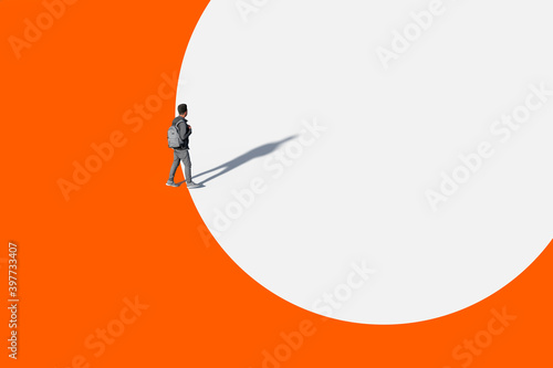 Young Man, Holding Back Pack, Walking In Colorful Space, Illustration. Unrecognisable, Created In 3d Software. 3d Rendering.