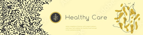 Beauty studio banner in trendy yellow hue. Vector emblem design template minimalistic linear style. Abstract animal seamless pattern. Panoramic banner for cosmetic label. Woman body silhouette.