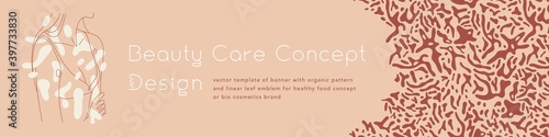 Beauty studio banner in trendy pink hue. Vector emblem design template minimalistic linear style. Abstract animal seamless pattern. Panoramic coral banner for cosmetic label. Woman body silhouette.