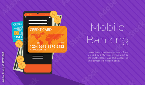 Flat design vector colored illustration concept for mobile banking and online payment isolated on bright background