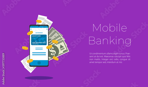 Flat design vector colored illustration concept for mobile banking and online payment isolated on bright background
