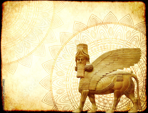 Grunge background with paper texture and lamassu photo