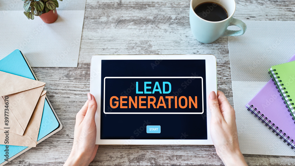 Lead generation start button on screen. Digital marketing and business strategy concept. Lead generation start button on screen. Digital marketing and business strategy concept.