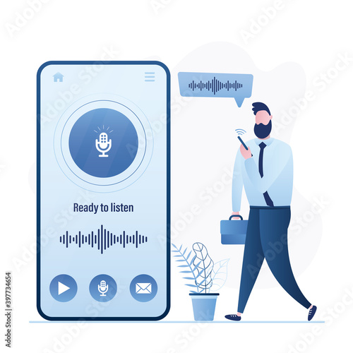 Voice messages concept. Businessman uses smartphone. Online chat technology, communication messengers, social media.