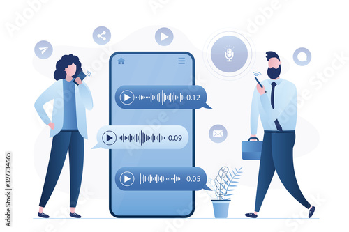 People communicate in instant messengers by voice messages. Young adults uses smartphones. Online chat technology, social media.