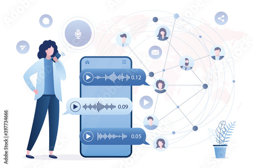 People communicate in instant messengers by voice messages. Global conversation, online chat in messenger or social network.