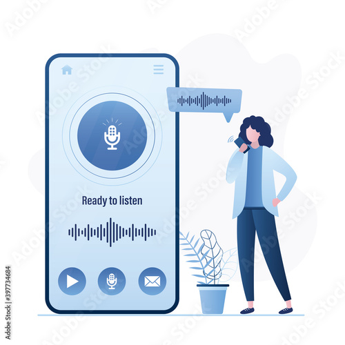 Voice messages concept. Young woman uses smartphone. Online chat technology, communication in instant messengers