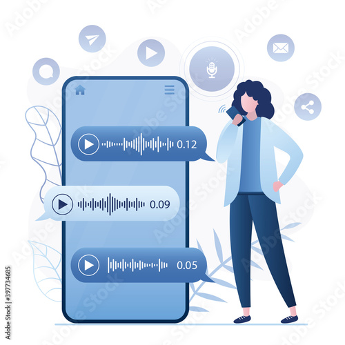 Voice messaging, concept banner. Young woman uses smartphone. Online chat technology, communication in instant messengers and social media