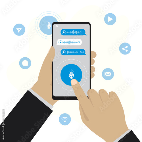 Voice messages concept. Hands holding smartphone. Online chat technology, communication in instant messengers and social media