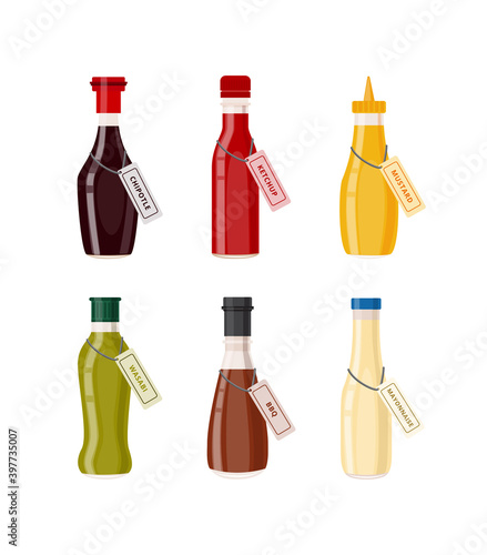 Sauce bottles a set of flat vector isolated illustrations.