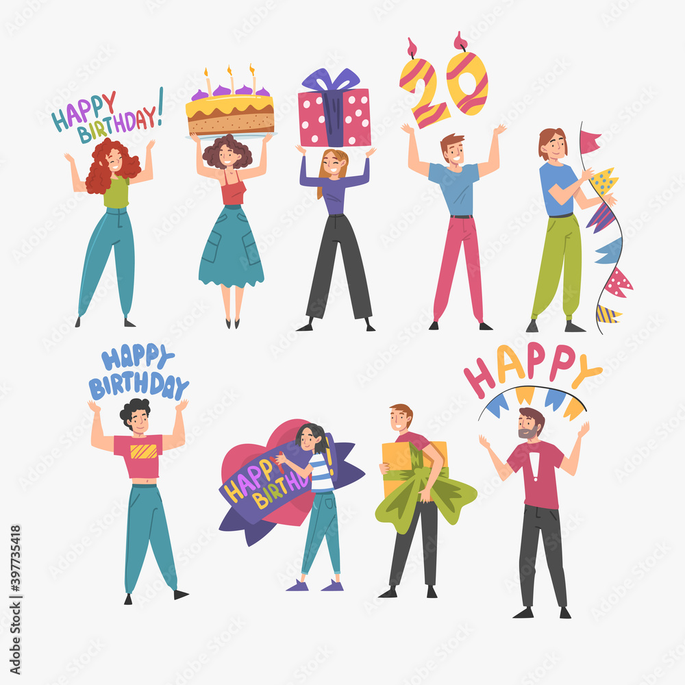 Fototapeta premium Joyful People with Holiday Symbols Set, Happy Birthday Concept Cartoon Style Vector Illustration