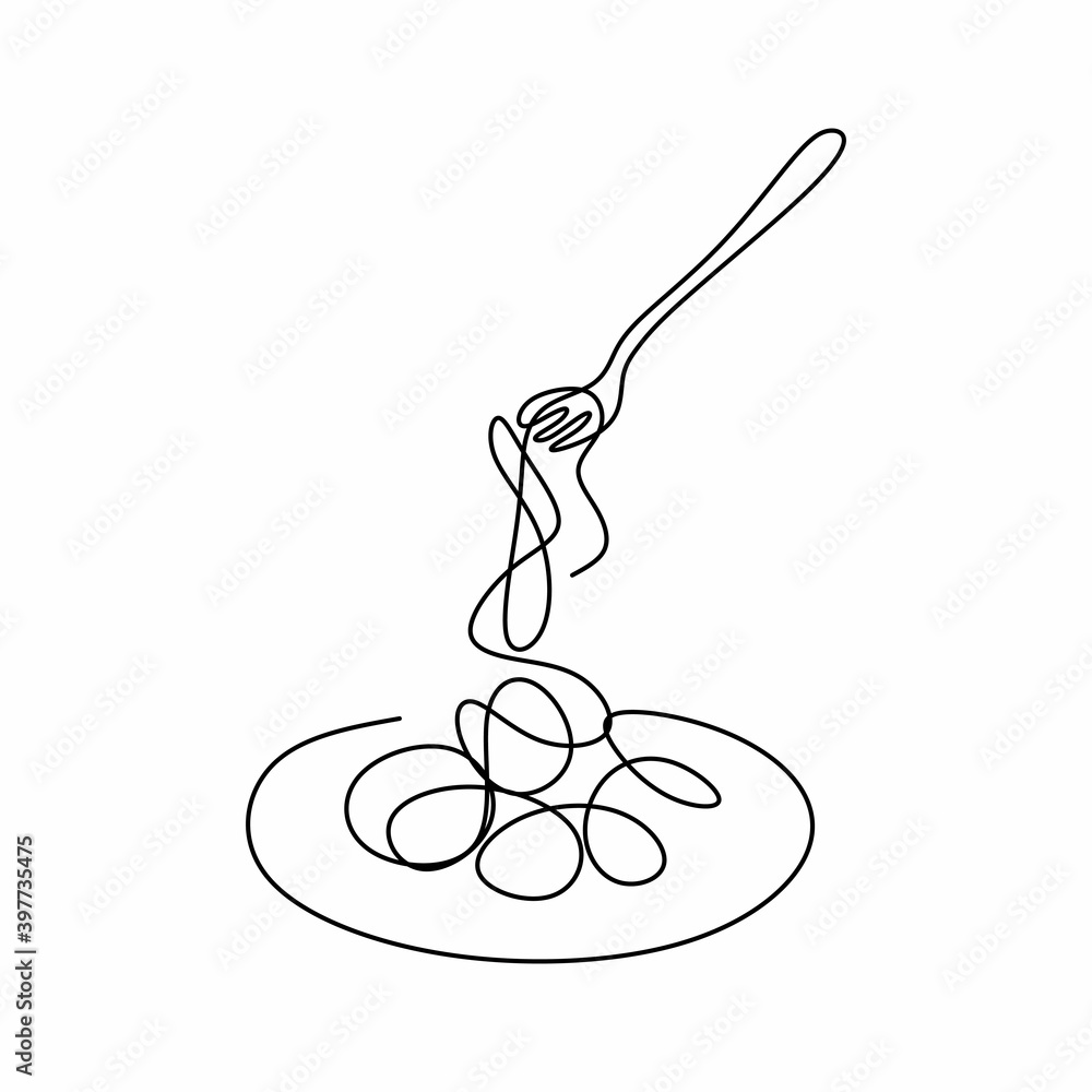 Single continuous line drawing of delicious spaghetti with fork. Italy