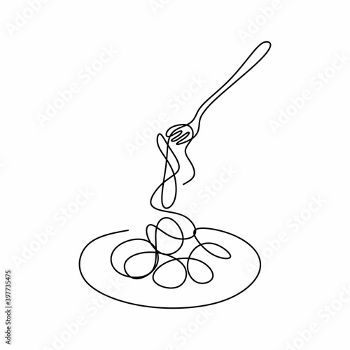 Single continuous line drawing of delicious spaghetti with fork. Italy pasta noodle restaurant concept hand draw line art design vector illustration for cafe, shop or food delivery service