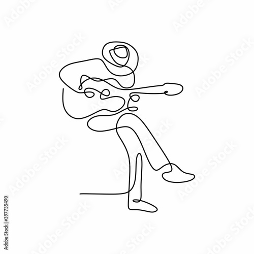Single line drawing of young guitarist man at stage and playing his electric guitar. Sitting young male with hat showing his guitar skill. Musician artist performance concept. Vector illustration
