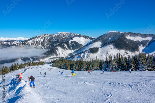 Lots of Skiers on a Wide and Gentle Ski Slope in Sunny Weather