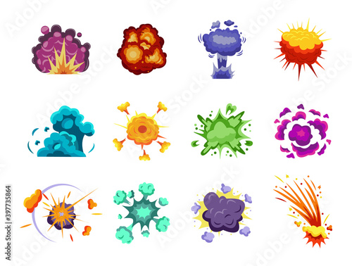 Vector set of colorful cartoon explosive bombs effects, atomic, cosmic explodes.