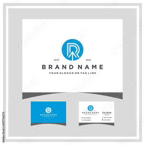 letter R up arrow logo design and business card vector