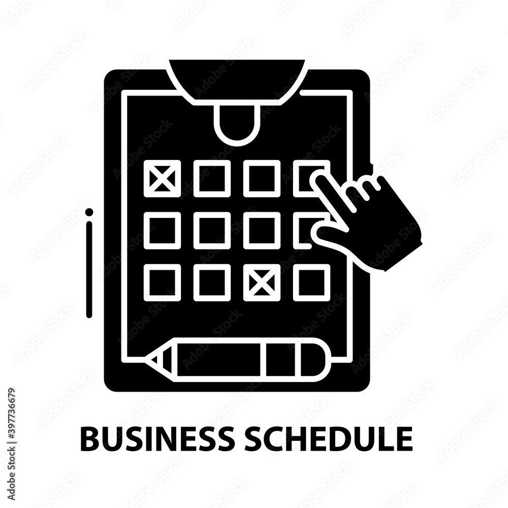 business schedule icon, black vector sign with editable strokes, concept illustration business schedule icon, black vector sign with editable strokes, concept illustration