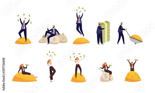 Rich business people with bags of money and piles of gold a vector illustration.