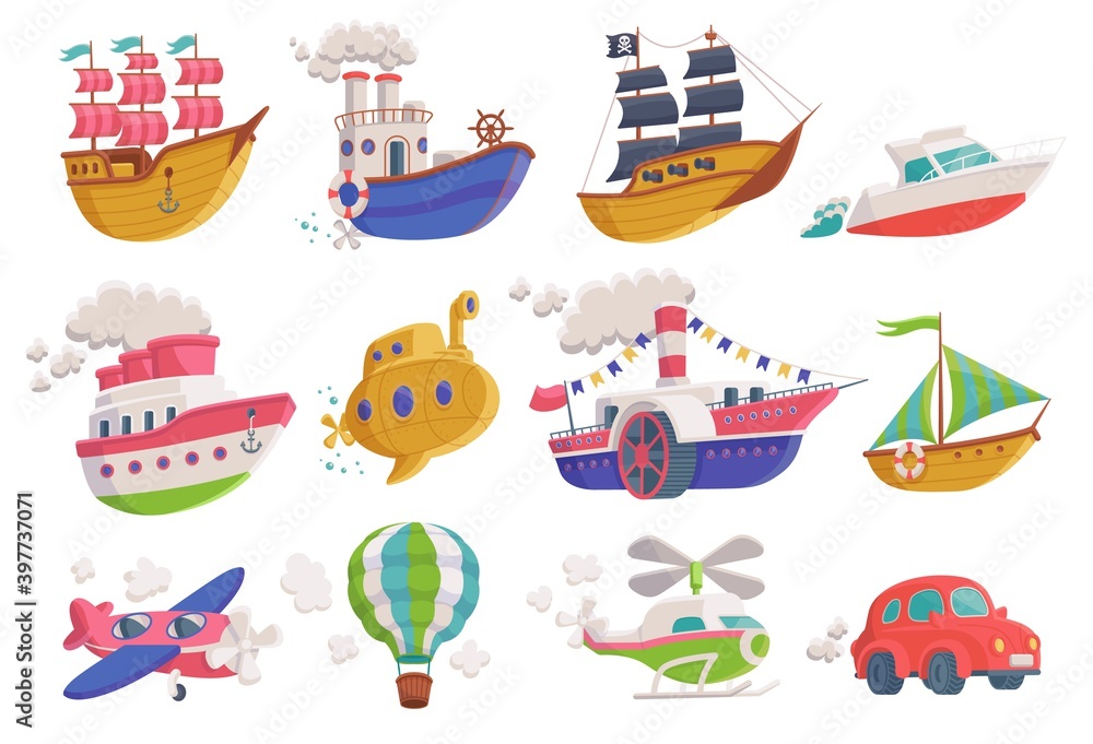 Set of cartoon icons of sea, air and land transport a vector illustrations
