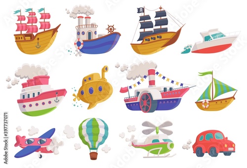 Set of cartoon icons of sea  air and land transport a vector illustrations
