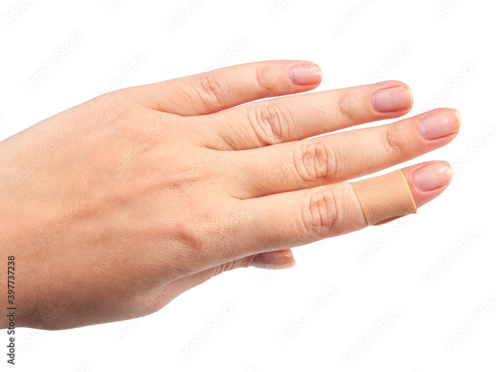 Medical patch plaster on hand isolated on the white Medical patch plaster on hand isolated on the white