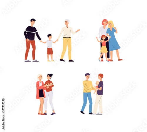 LGBT couples and families with children set of flat vector illustration isolated.