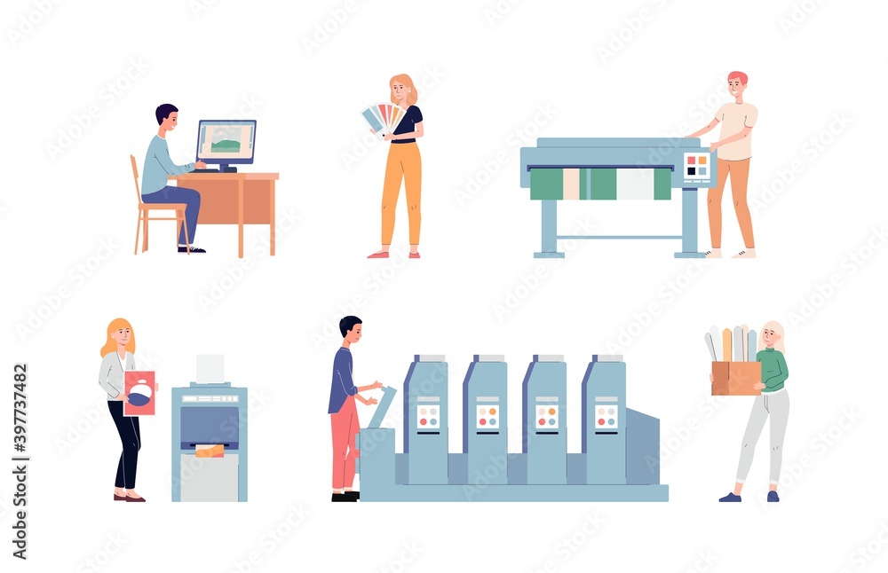 Typography or offset print store employees flat vector illustrations isolated. Typography or offset print store employees flat vector illustrations isolated.