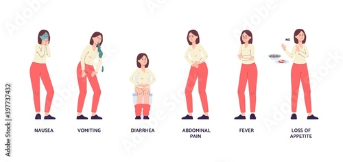 Set of vector flat illustrations female characters with food poisoning