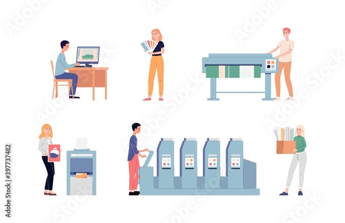 Typography or offset print store employees flat vector illustrations isolated.