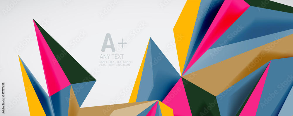 Vector triangle geometric backgrounds. Low poly 3d shape on light backdrop. Vector illustration for covers, banners, flyers and posters and other designs Vector triangle geometric backgrounds. Low poly 3d shape on light backdrop. Vector illustration for covers, banners, flyers and posters and other designs